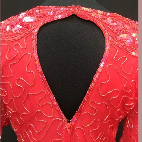 Beaded Sequined Vtg Red Silk Cocktail Dress Sz Sm - Picture 10 of 11